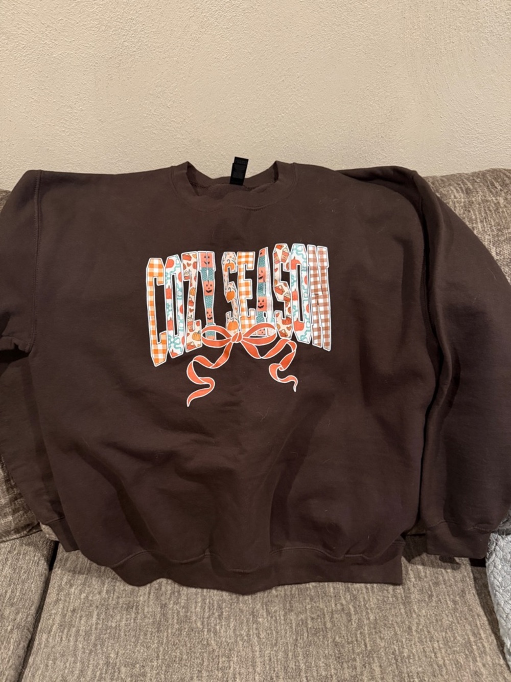 Gildan Brown 'Cozy Season' Graphic Crewneck with Orange & Cream Accents